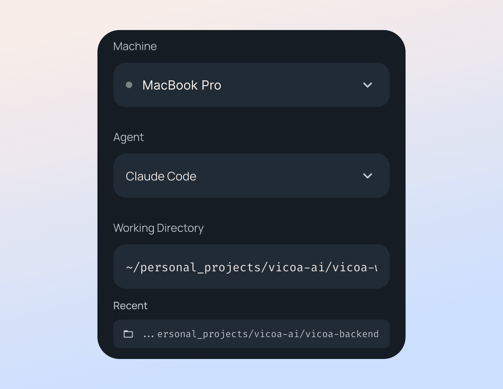 Starting a new coding agent session from the Vicoa mobile app