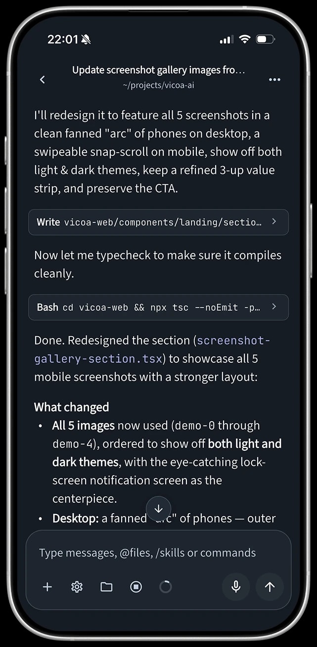 Reading an agent conversation in the Vicoa mobile app
