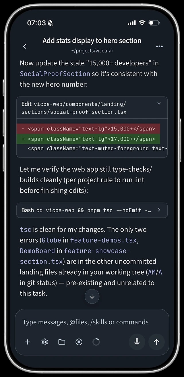 Chatting with a coding agent in the Vicoa mobile app